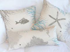 Sea star, Fish, Seahorse, Sea fans, and Corals: Handprinted Pillow Covers in sandy beach blues