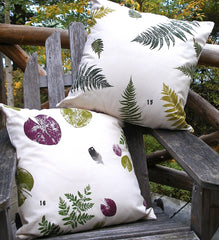 Adirondack Forest Ferns, Loons, Lily pads and feathers  Handprinted Pillow Covers