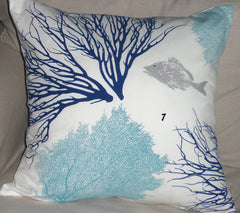 Fish, Seahorse, Starfish, Sea fan and Coral Pillow Covers Handprinted in beach house blues
