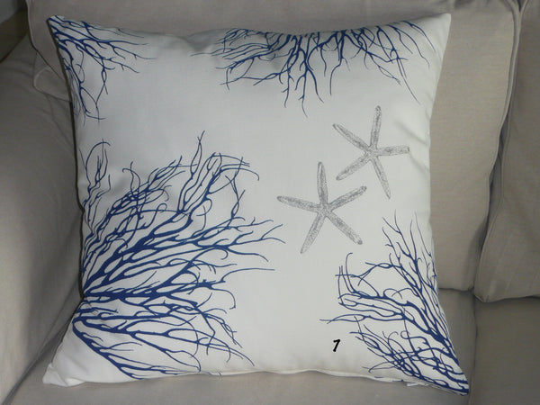 Starfish, Shell, Fish, and Coral Pillow Covers Handprinted in ocean blue  and silver