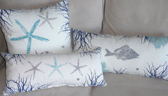 Fish, Seahorse, Starfish, Sea fan and Coral Pillow Covers Handprinted in beach house blues