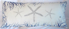 Starfish, Shell, Fish, and Coral Pillow Covers Handprinted in ocean blue and silver