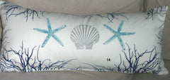 Fish, Seahorse, Starfish, Sea fan and Coral Pillow Covers Handprinted in beach house blues