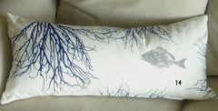 Starfish, Shell, Fish, and Coral Pillow Covers Handprinted in ocean blue and silver