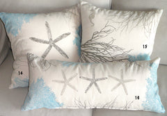 Sea star, Fish, Seahorse, Sea fans, and Corals: Handprinted Pillow Covers in sandy beach blues