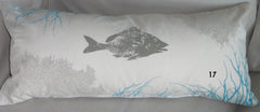 Sea star, Fish, Seahorse, Sea fans, and Corals: Handprinted Pillow Covers in sandy beach blues