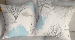 Sea star, Fish, Seahorse, Sea fans, and Corals: Handprinted Pillow Covers in sandy beach blues