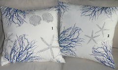 Starfish, Shell, Fish, and Coral Pillow Covers Handprinted in ocean blue and silver