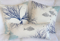 Fish, Seahorse, Starfish, Sea fan and Coral Pillow Covers Handprinted in beach house blues