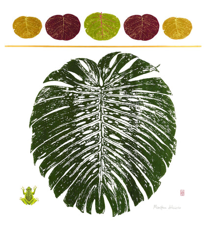 Monstera deliciosa leaf with Seagrape leaves and tree frog