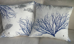 Starfish, Shell, Fish, and Coral Pillow Covers Handprinted in ocean blue and silver