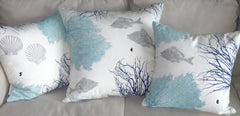 Fish, Seahorse, Starfish, Sea fan and Coral Pillow Covers Handprinted in beach house blues
