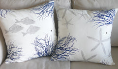 Starfish, Shell, Fish, and Coral Pillow Covers Handprinted in ocean blue and silver
