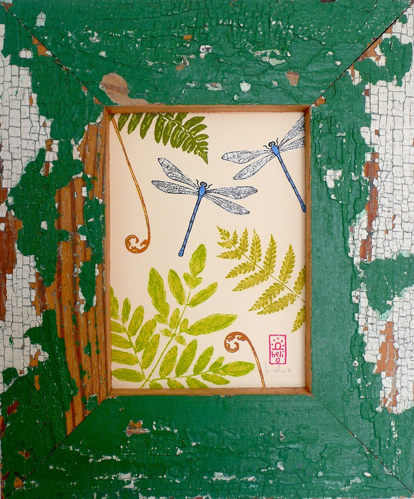 Damselflies and ferns / Wood framed print