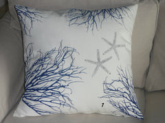 Starfish, Shell, Fish, and Coral Pillow Covers Handprinted in ocean blue and silver