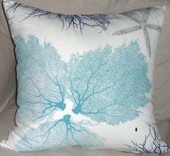 Fish, Seahorse, Starfish, Sea fan and Coral Pillow Covers Handprinted in beach house blues