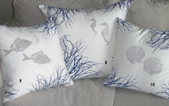Starfish, Shell, Fish, and Coral Pillow Covers Handprinted in ocean blue and silver