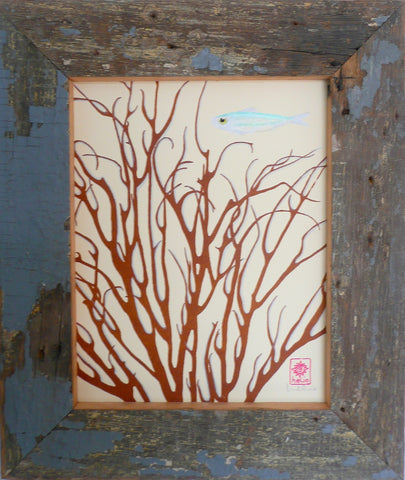 coral and silvery fish in wood frame