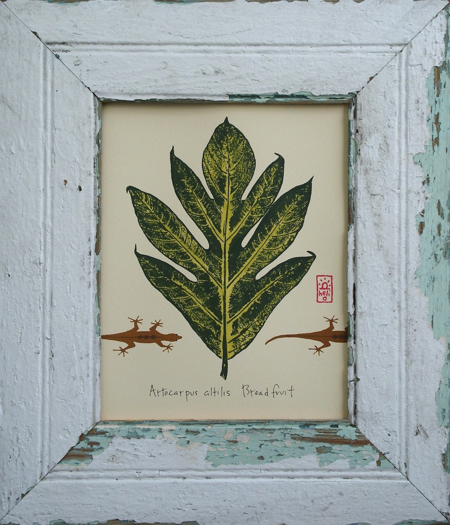 Breadfruit Leaf and Geckoes Wood Framed Print