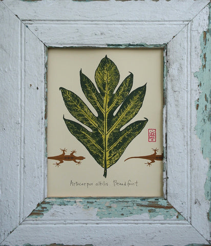 Breadfruit Leaf and Geckoes Wood Framed Print