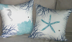 Fish, Seahorse, Starfish, Sea fan and Coral Pillow Covers Handprinted in beach house blues