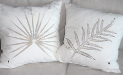 Tropical Botanical Fabric Handprinted Pillow Covers with tropical ferns, leaves and feathers in cool contemporary colors