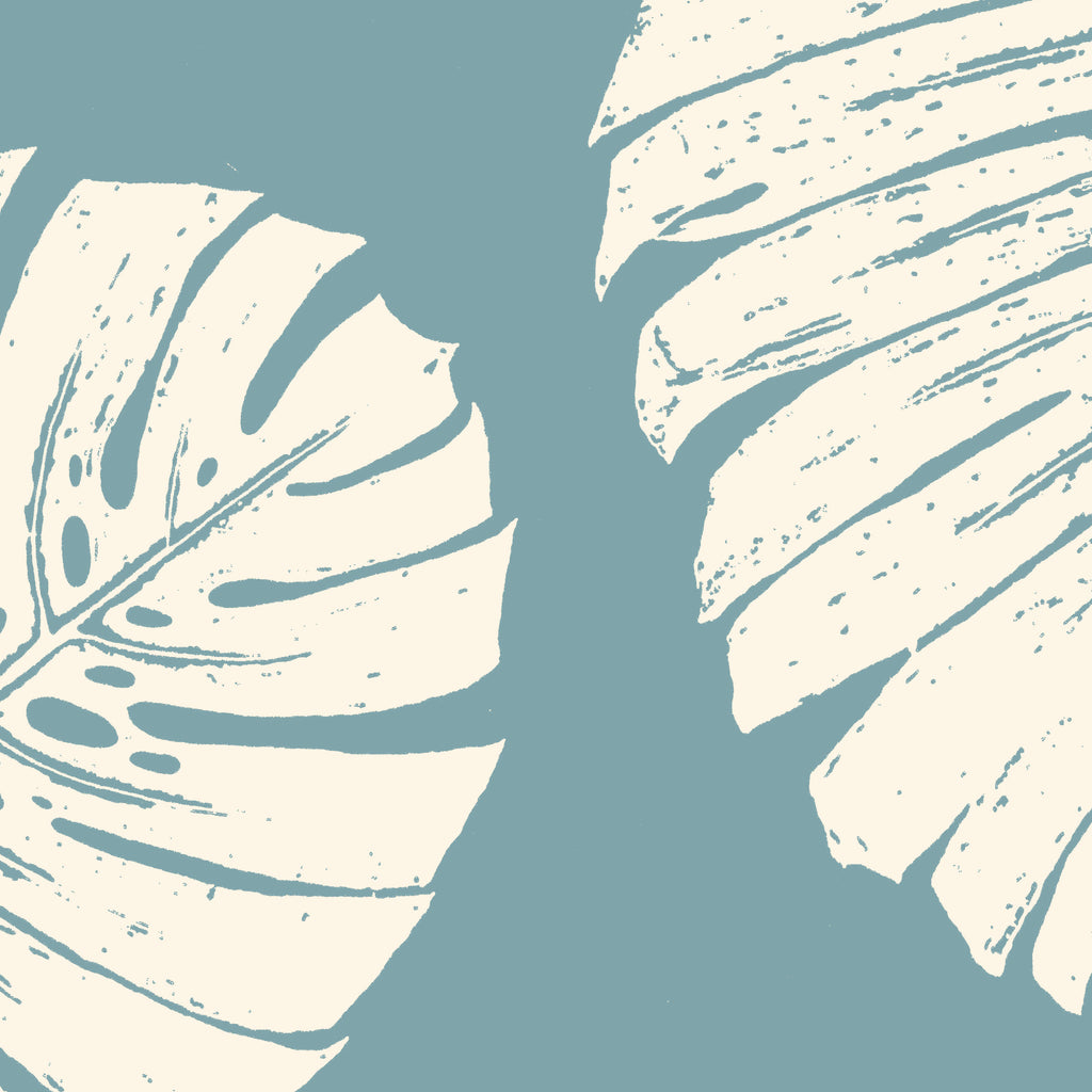 Fabric: Tropical Monstera leaves - ivory on antique blue
