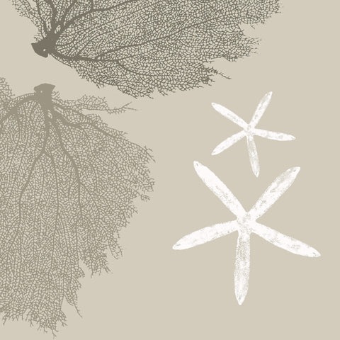Fabric: Sea fans - stone and dark stone on sand with white starfish
