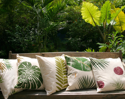 Tropical Botanical Fabrics, Tropical leaves and Fern Pillow Covers: Handprinted and painted