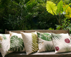 Tropical Botanical Fabrics, Tropical leaves and Fern Pillow Covers: Handprinted and painted