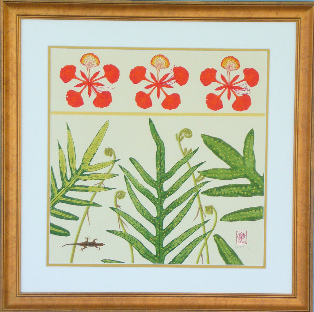 Poinciana Blossoms, Tropical Ferns and Fiddleheads