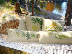 Adirondack Forest Ferns, Loons, Lily pads and feathers  Handprinted Pillow Covers
