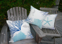 Fish, Seahorse, Starfish, Sea fan and Coral Pillow Covers Handprinted in beach house blues