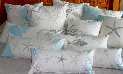 Sea star, Fish, Seahorse, Sea fans, and Corals: Handprinted Pillow Covers in sandy beach blues