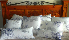 Starfish, Shell, Fish, and Coral Pillow Covers Handprinted in ocean blue and silver