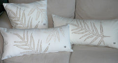 Tropical Botanical Fabric Handprinted Pillow Covers with tropical ferns, leaves and feathers in cool contemporary colors
