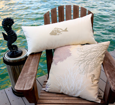 Seahorse, Fish, Sea fans and Coral Handprinted Pillow Covers in sandy seaside purple