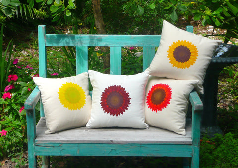 Sunflower Pillow Covers handprinted and hand painted with Fibonacci spiral seeds